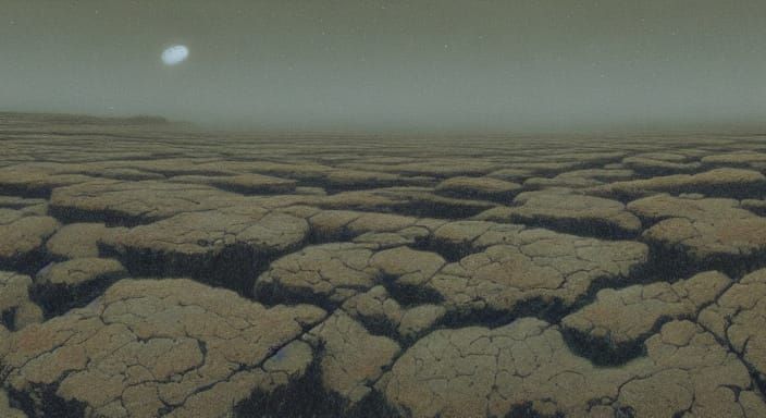 Unsettling Smiling Faces in Desolate Landscape Oil Painting