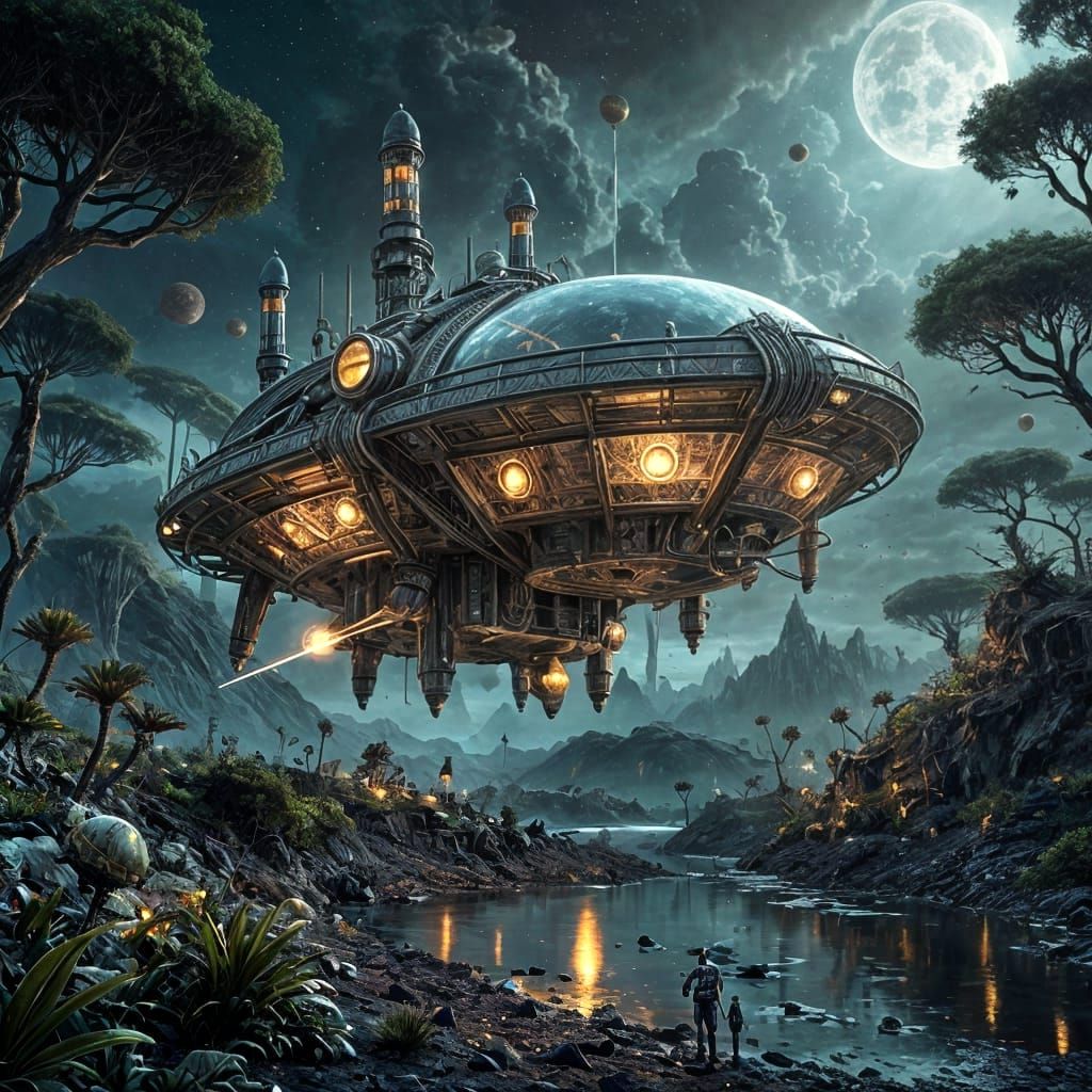 Steampunk Rocket Landing on Lush Alien Planet
