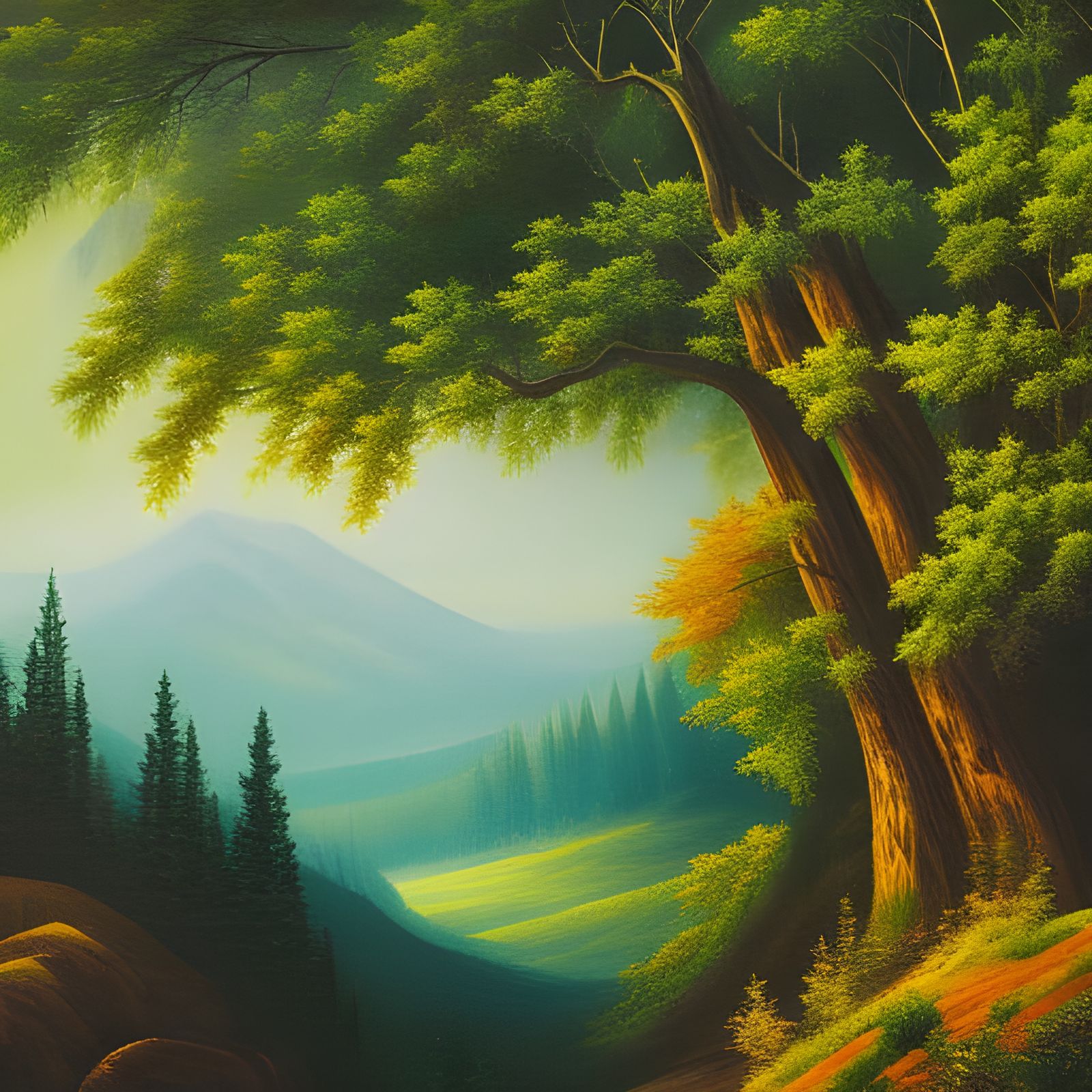 Hyperdetailed Painting of a Mountain Forest