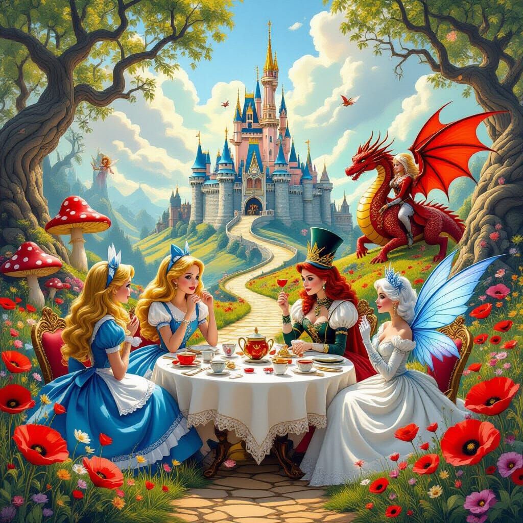 Whimsical Tea Party with Dragons in Fantasy Landscape