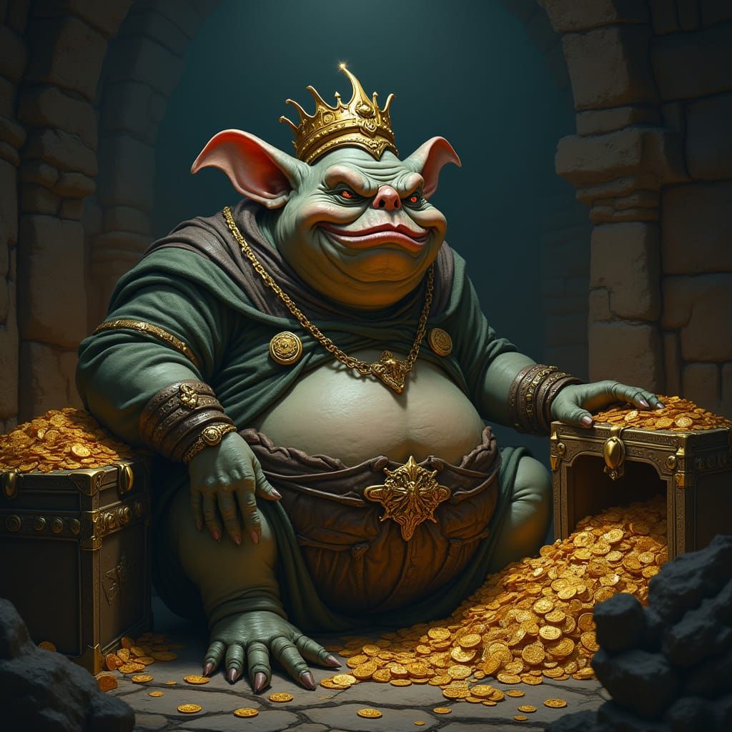 Fat Goblin Surrounded by Treasure in Dark Chamber
