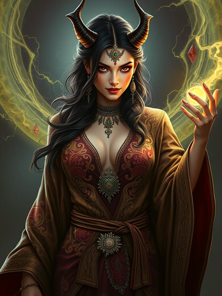 Sorceress in Ornate Indian Robes Casts Dark Magic
