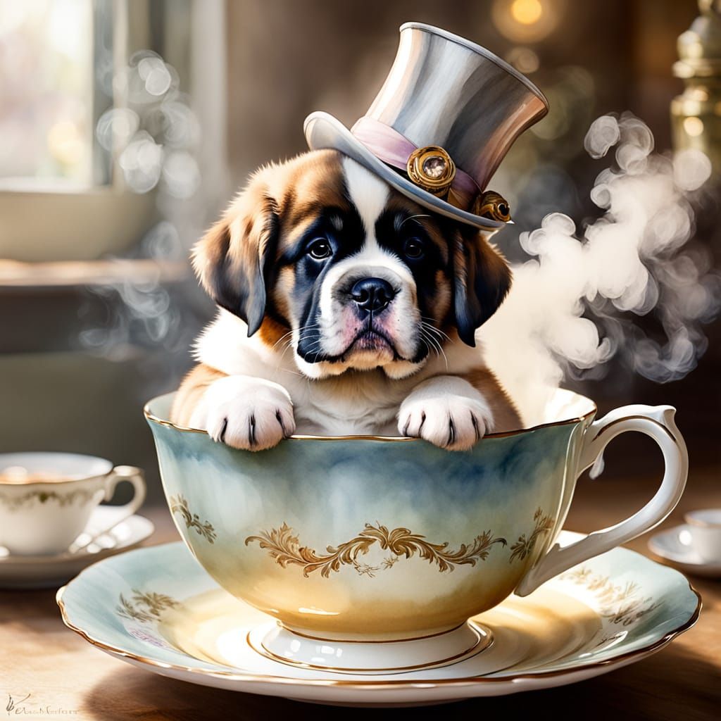 Whimsical Watercolor of a Baby Saint Bernard in a Teacup