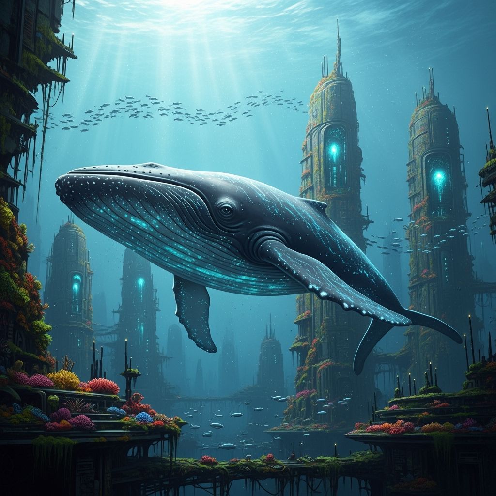 Bioluminescent Whale in Sunken Futuristic City