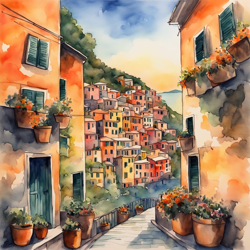 Ethereal Italian Village at Sunset in Watercolor