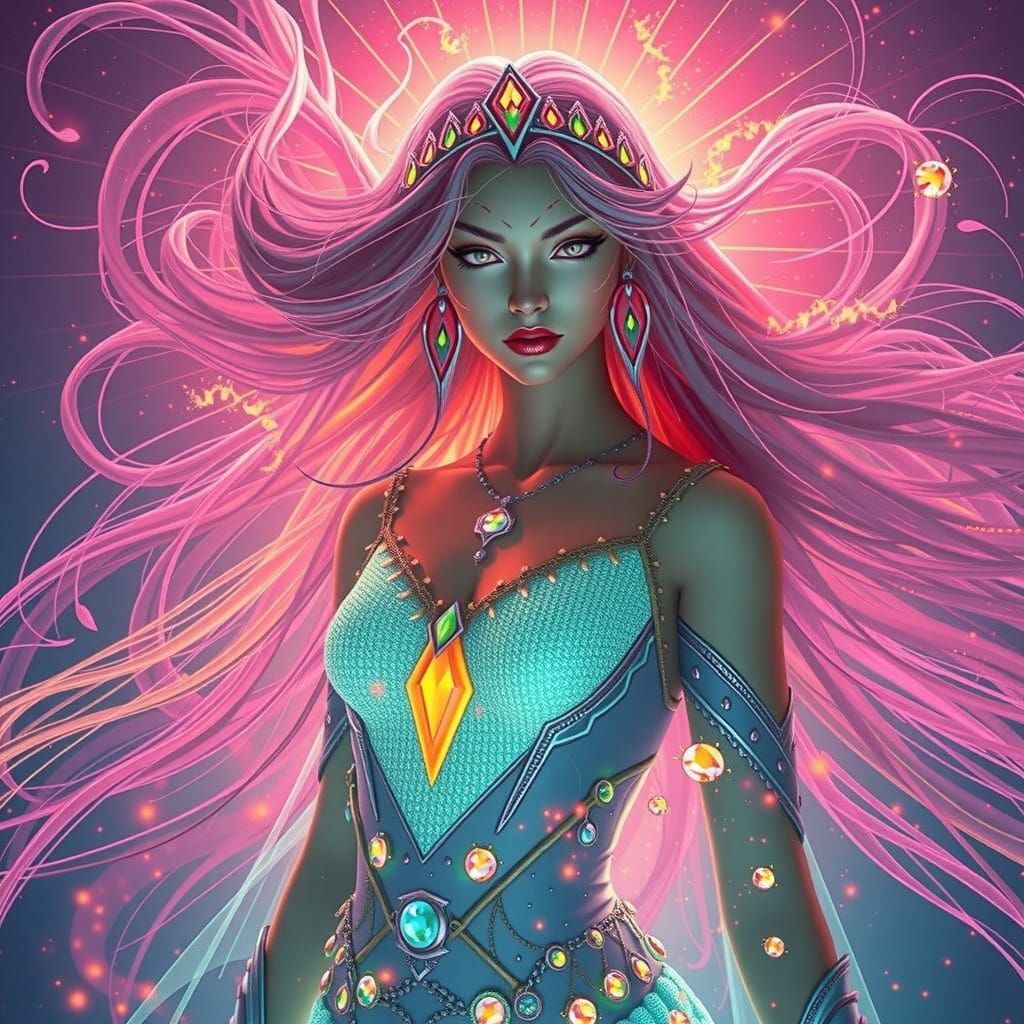 Elven Princess Slaanesh Warrior in a Fiery Scene