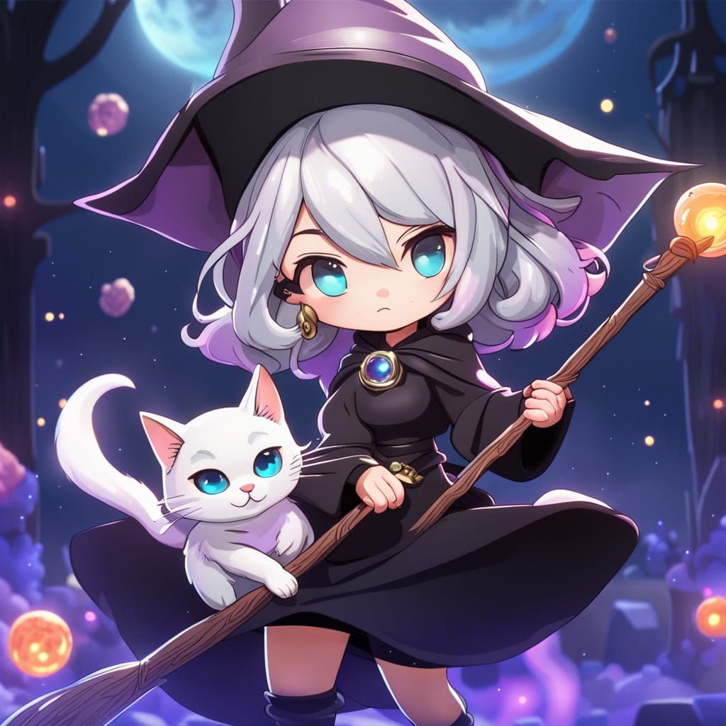 Chibi Witch with Cat and Silver Aura