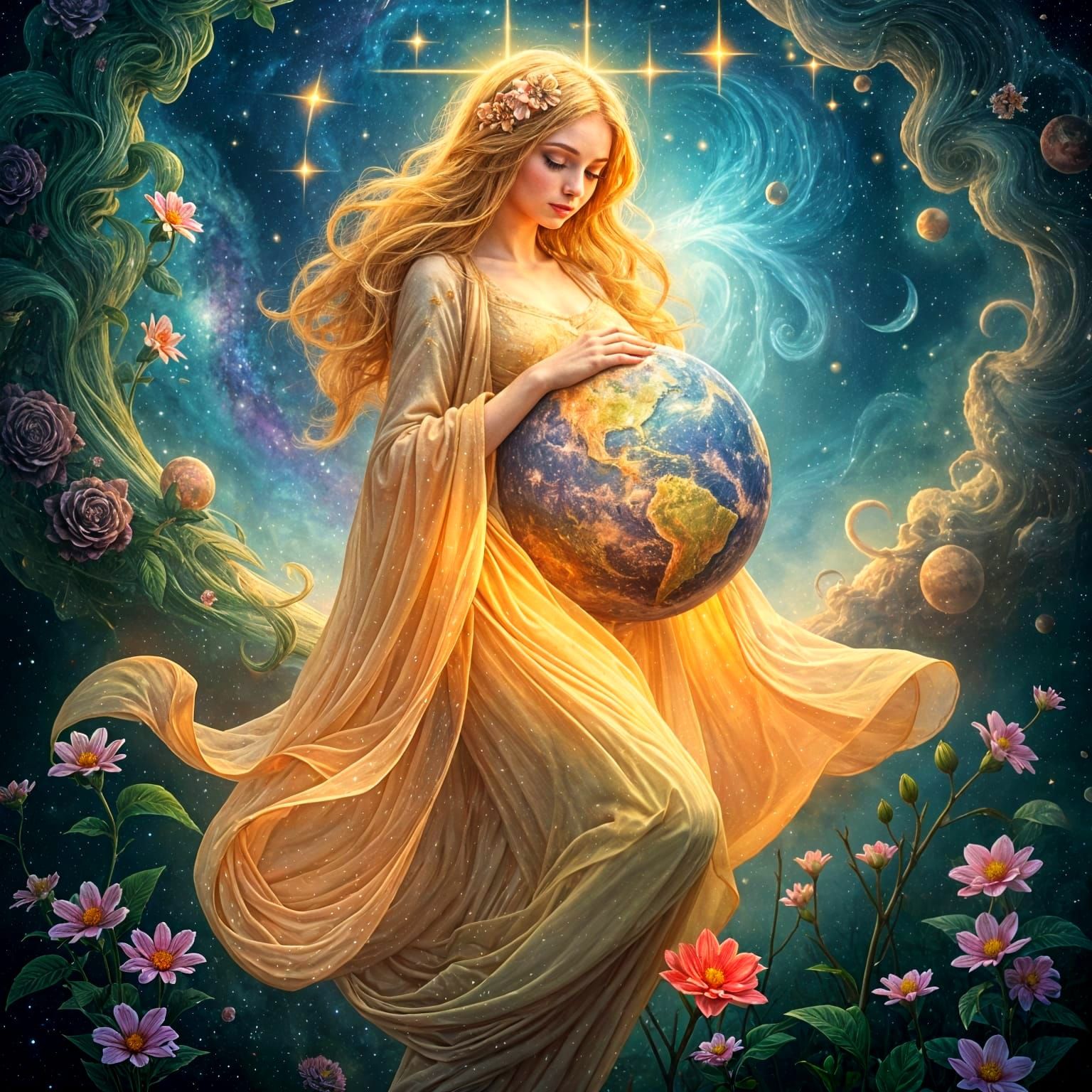 Ethereal Light-Being Nurturing Earth in Cosmic Garden