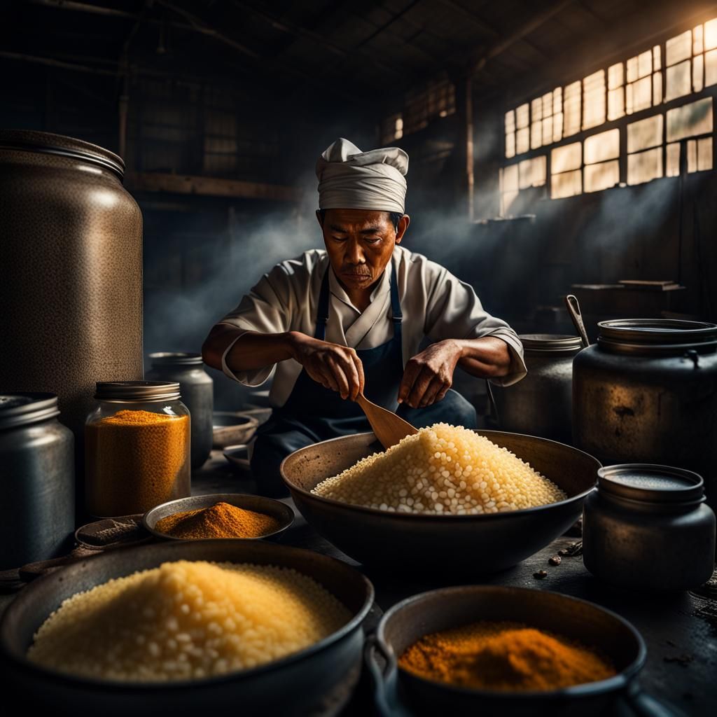 Asian Cook and Rice Thief in Warehouse