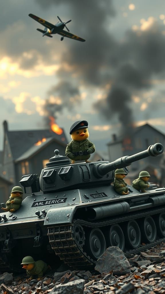 Fierce Chick Commander in War-Torn City, 3D Render