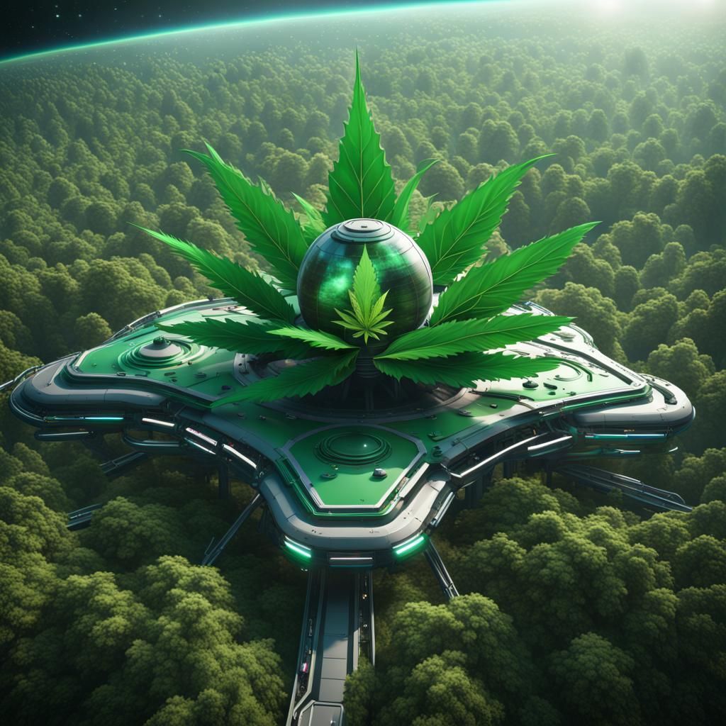 Futuristic Cannabis Leaf Space Station Concept Art