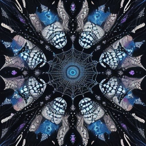 Surrealist Indigenous Spider Web with Pearls and Raindrops i...