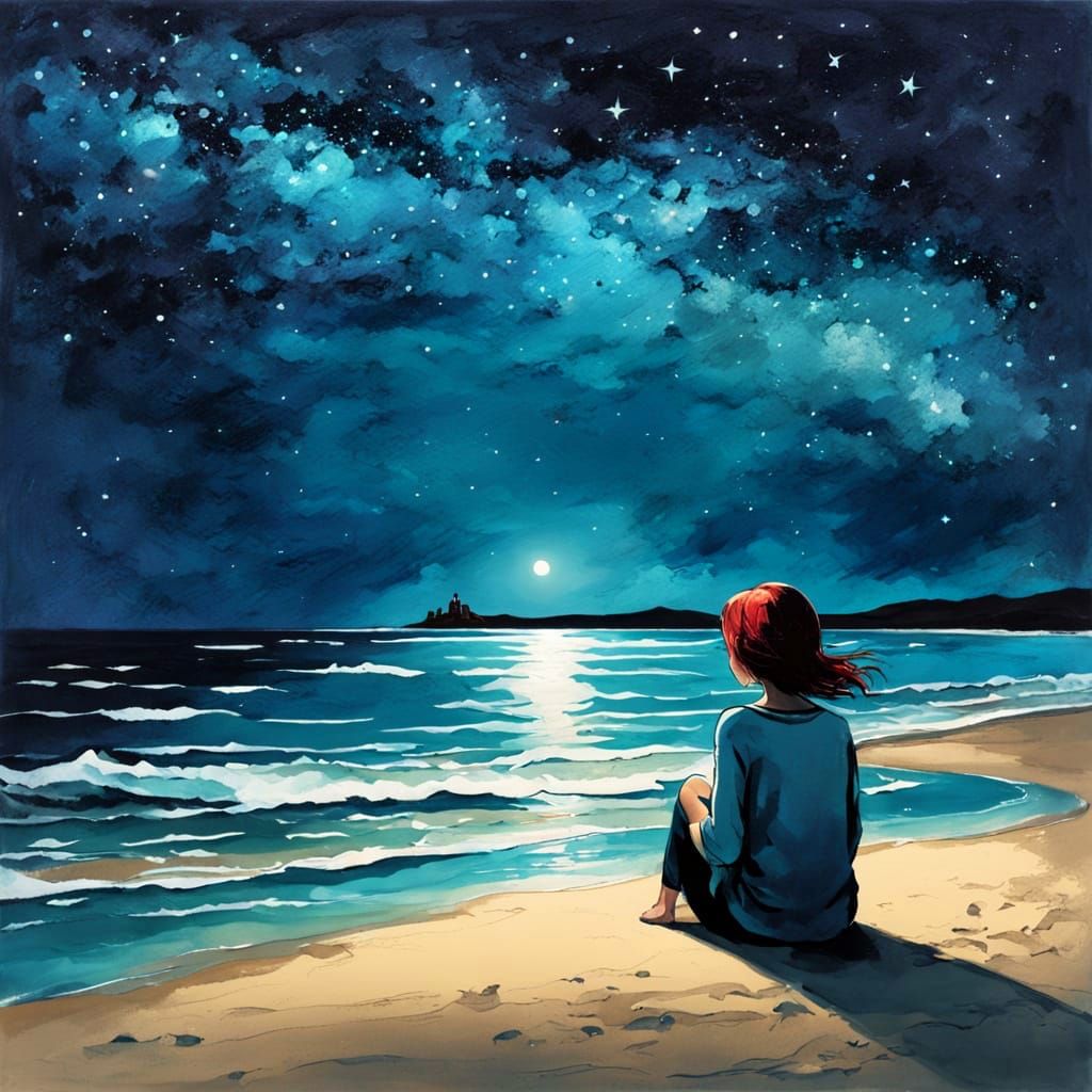 Woman Stargazing on Beach Under Starry Sky