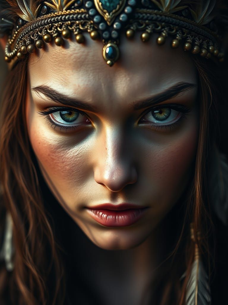 Mystical Woman with Green Eyes, Detailed Close-Up Portrait