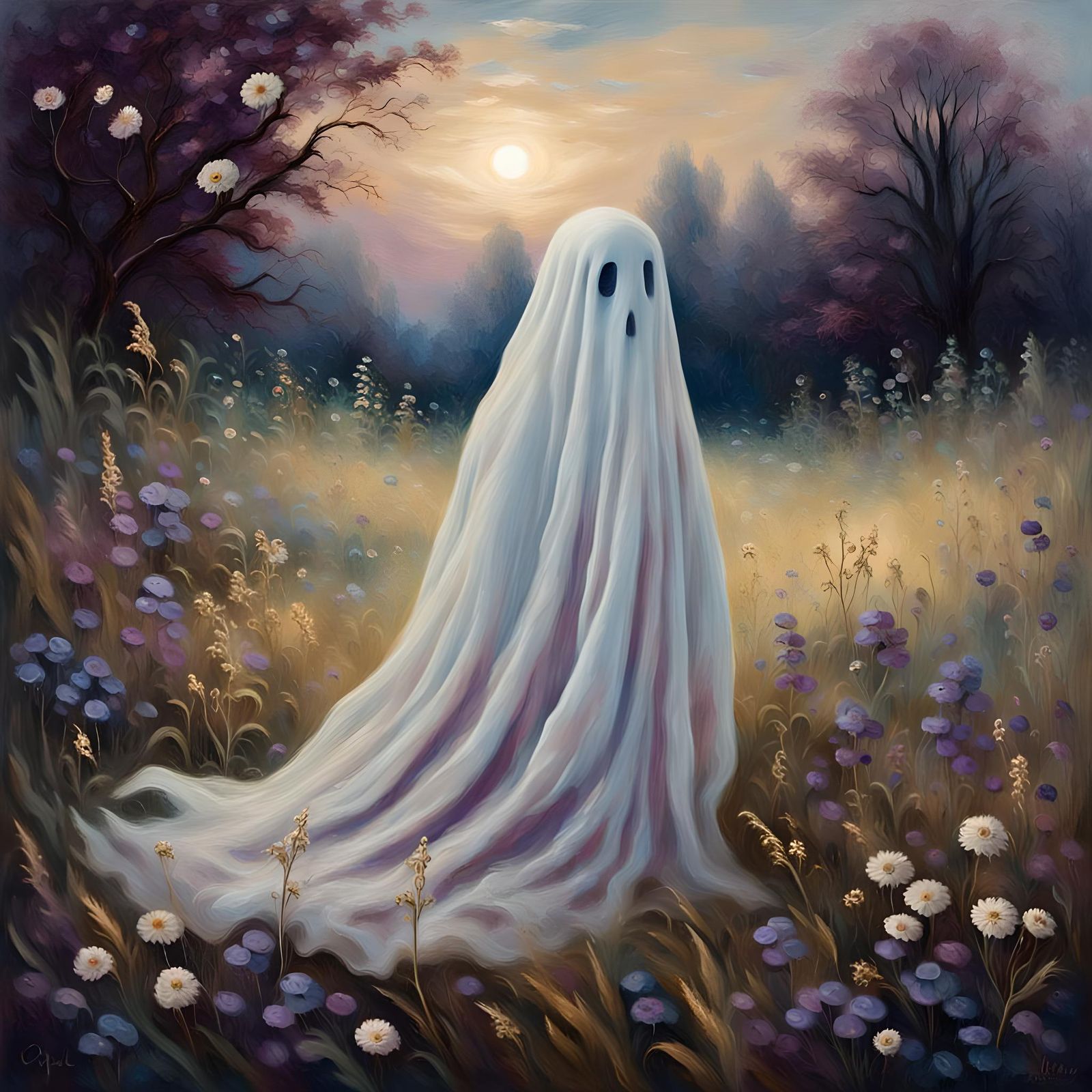 Whimsical Ghost in Autumn Meadow: Victorian Oil Painting