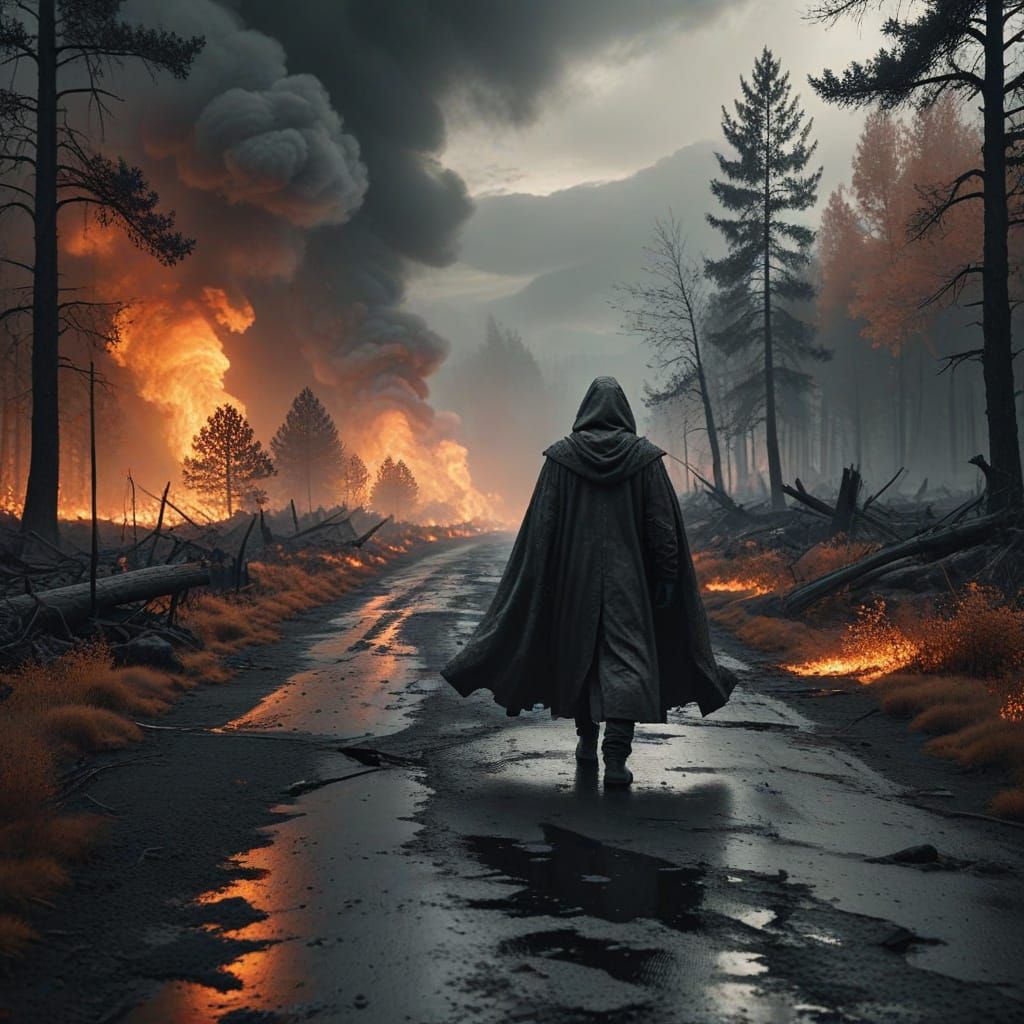 Apocalyptic Figure in Scorched Forest Town: Digital Art
