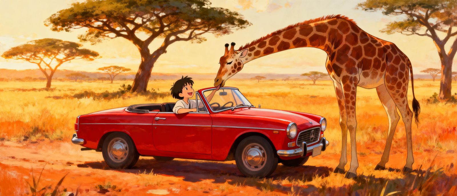Giraffe Licks Driver's Face Next to Vintage Car