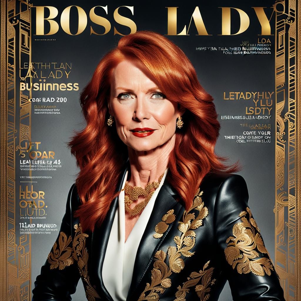 Magazine Cover: Red-Haired Businesswoman in Gold-Embroidered...
