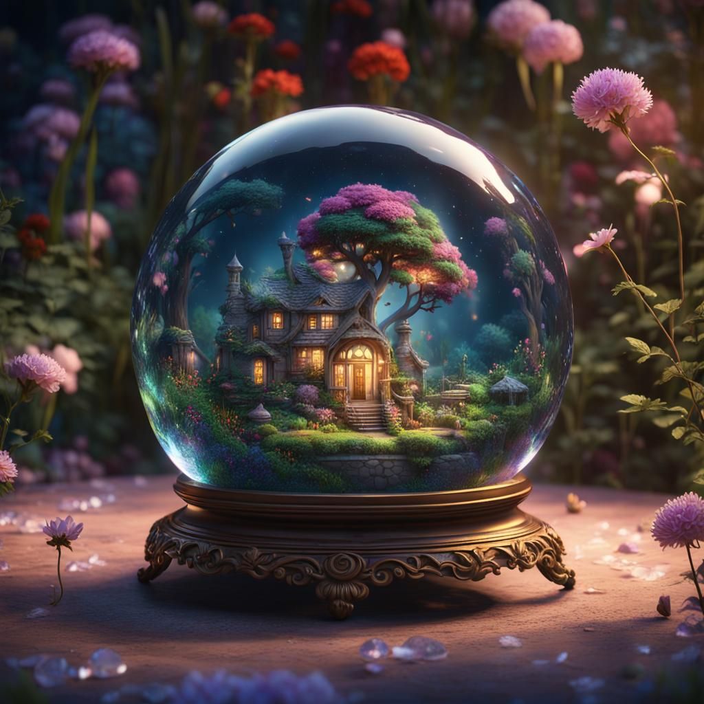 Enchanted Garden Inside Crystal Ball, Hyperrealistic Fine Ar...