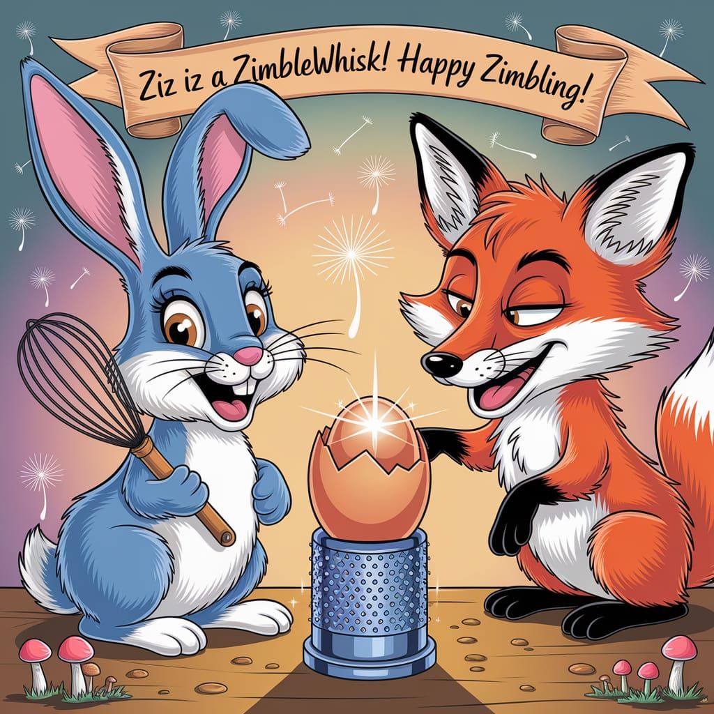 Whimsical Rabbit and Fox with Egg Whisk in Caricature Style