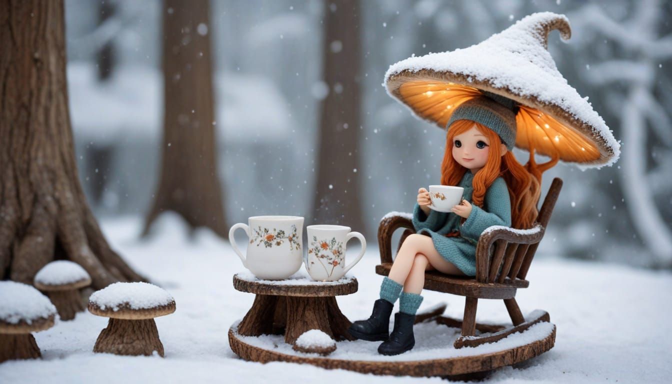 Fairy Sipping Tea on Mushroom Chair in Winter