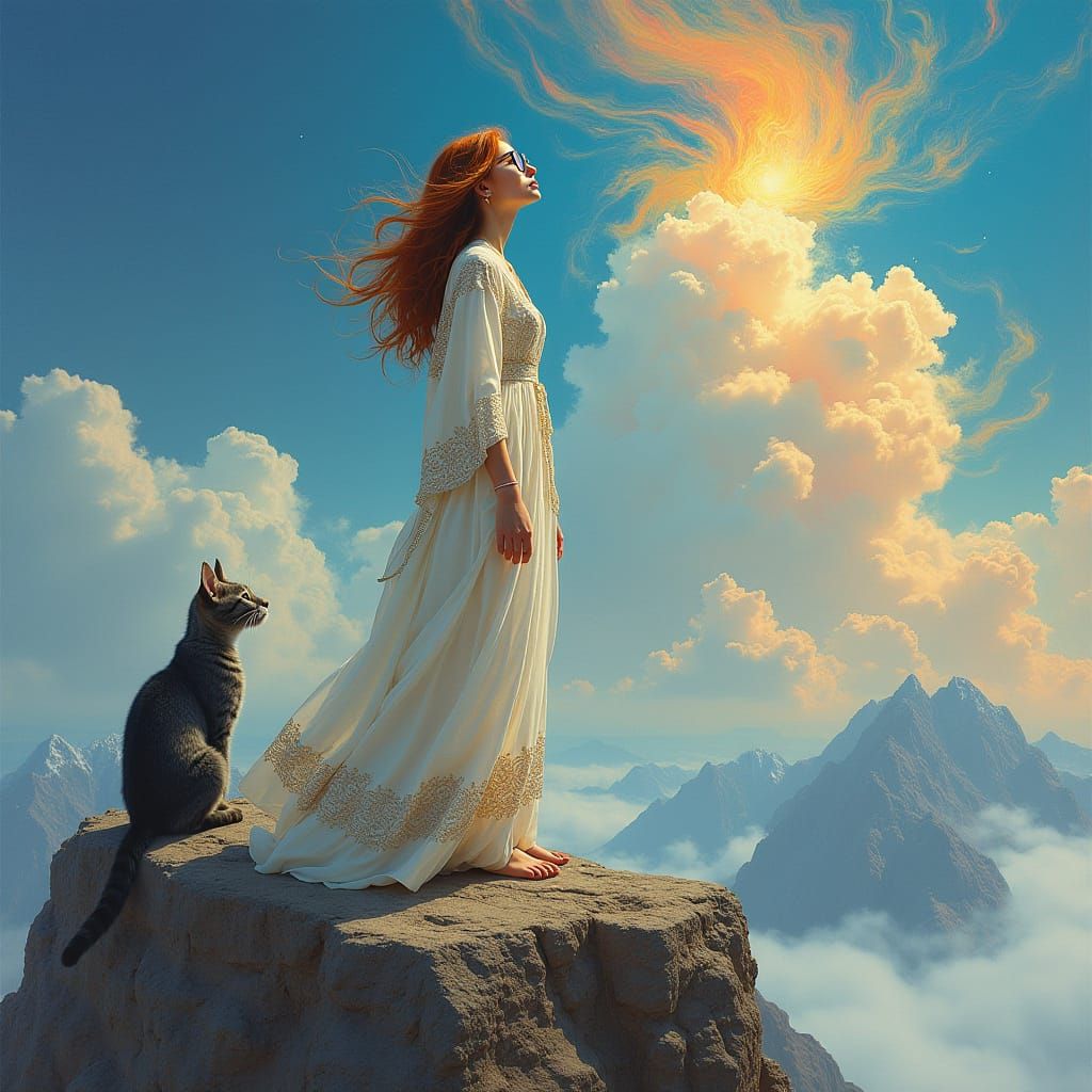 Mystical Woman Surveys Heaven with Feline Companion in Vibra...