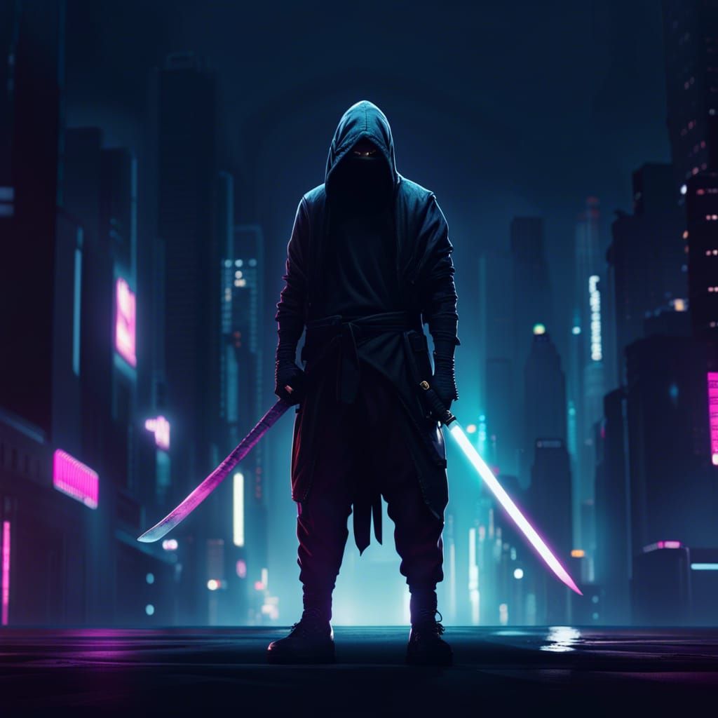 Cyberpunk Ninja with Sword in Dark City