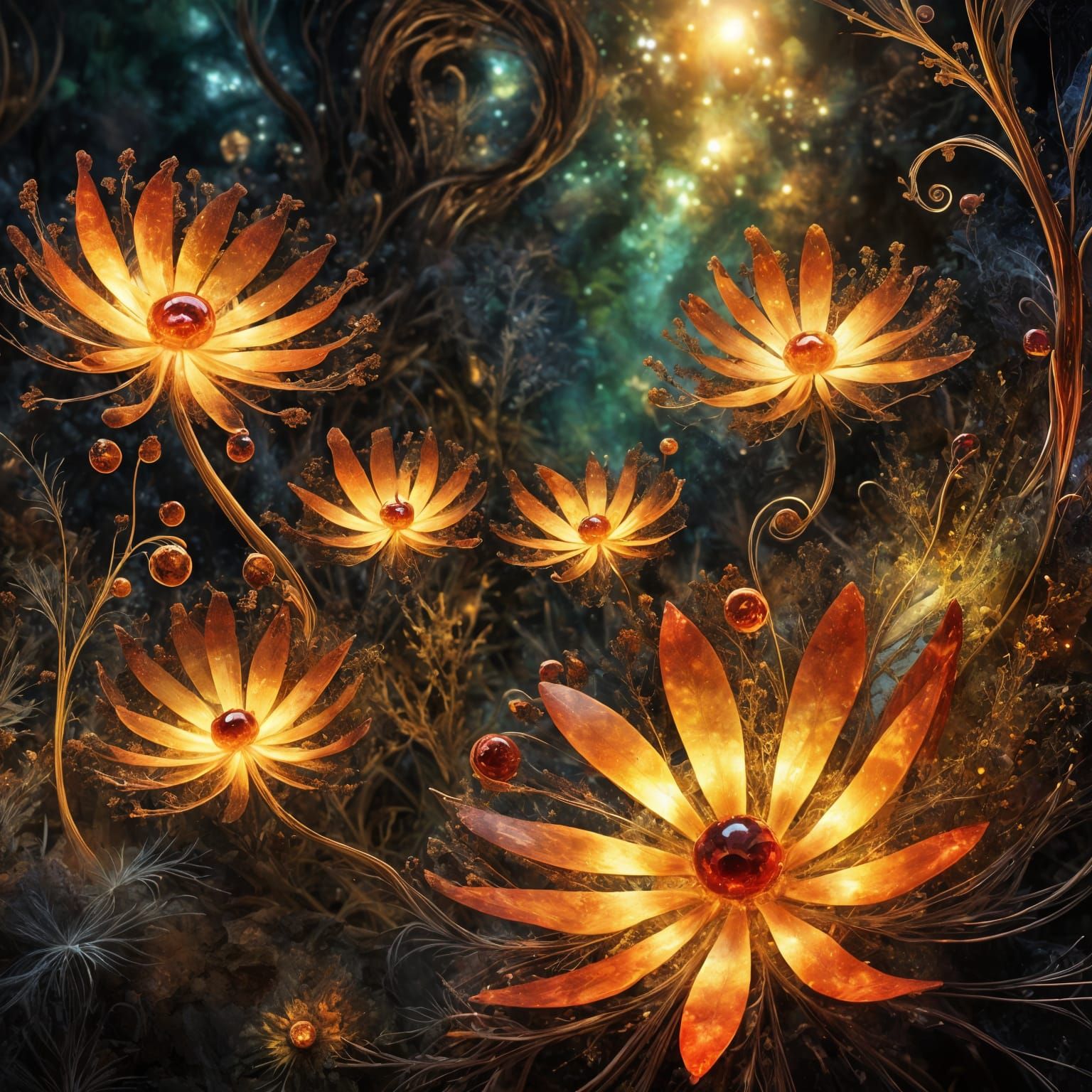 Glowing Amber Crystal Flower in Forest Setting