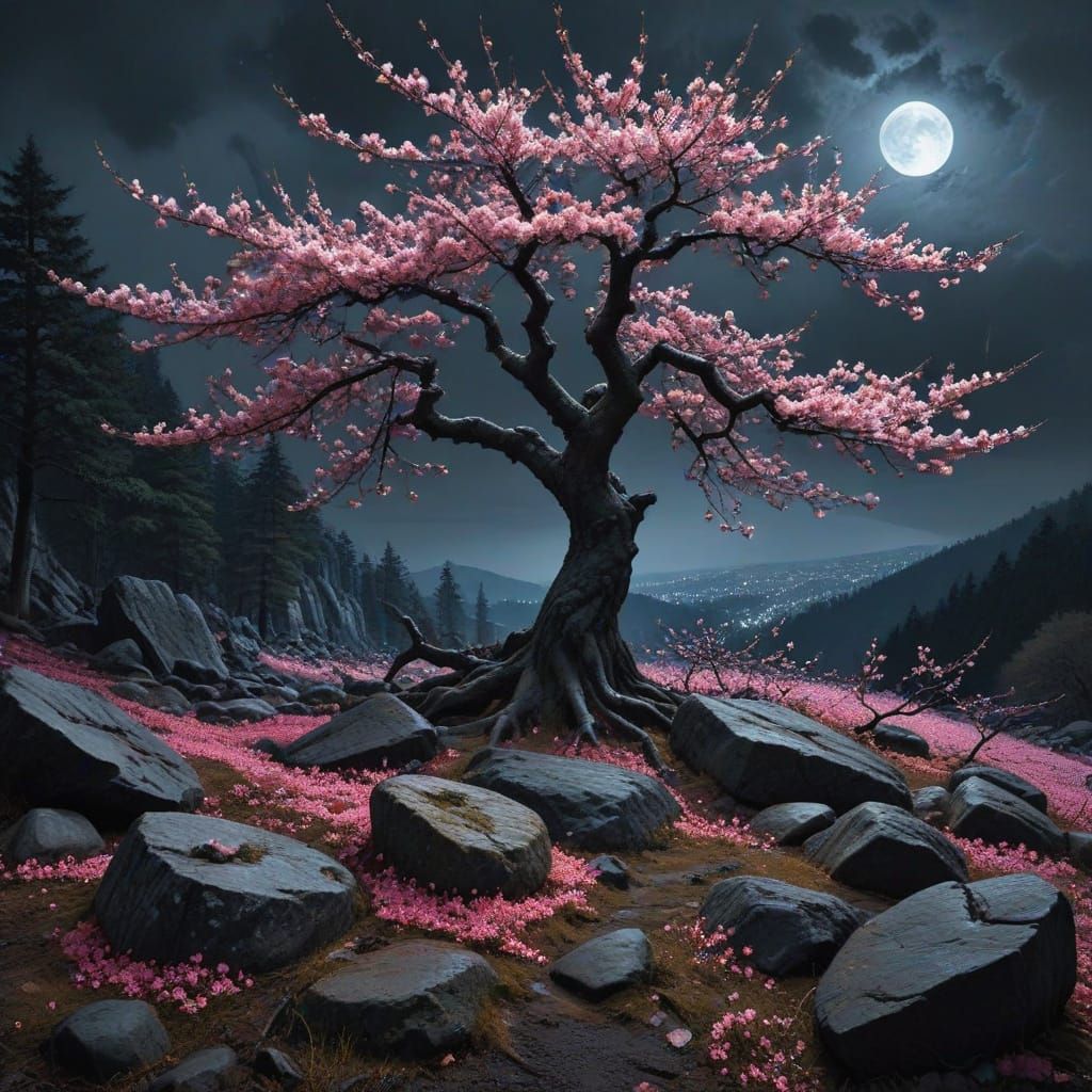Sinister Pink Cherry Blossom Tree at Night