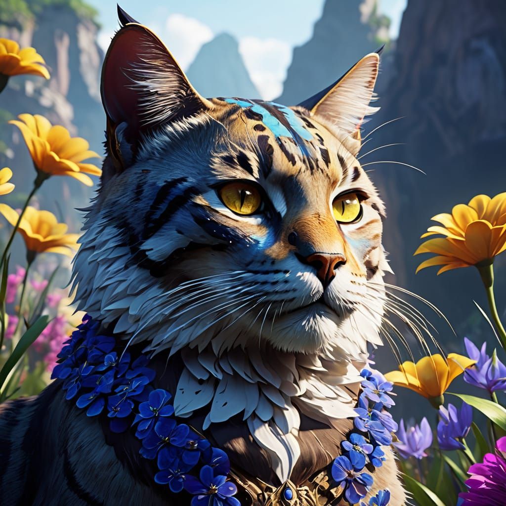 Regal Cat Amidst Vibrant Blooms in Soft Focus