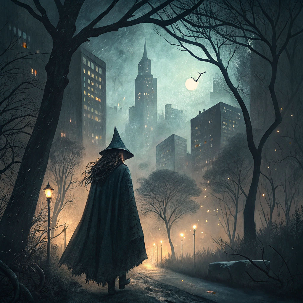 Forest Witch in Foggy Night City: Charcoal and Gouache