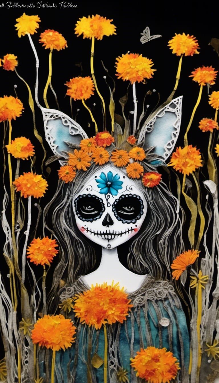 Sugar Skull Catrina in Dandelion Castle, Alcohol Inks