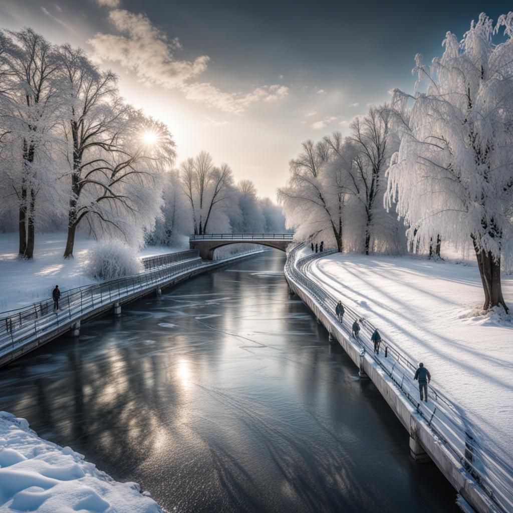 Hyperrealistic Winter Wonderland with Frozen River