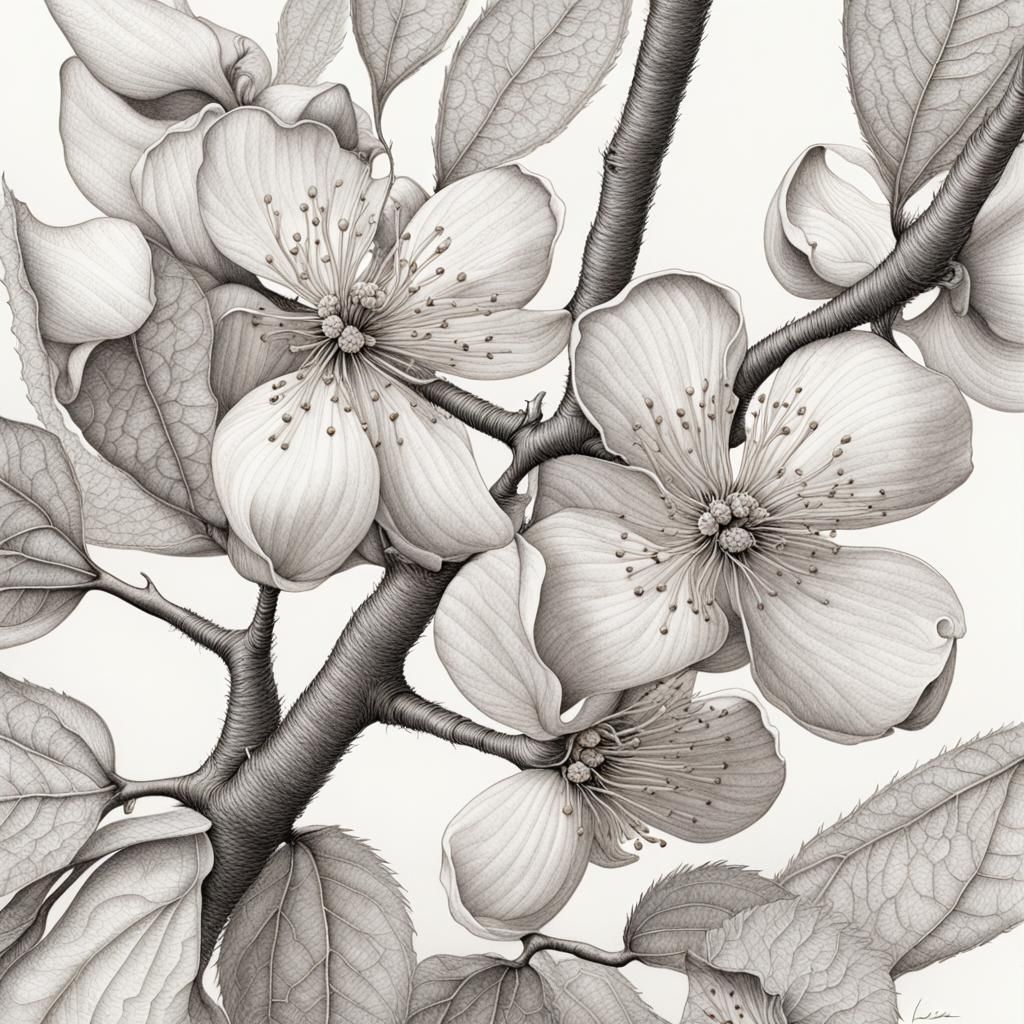 Almond Tree Botanical Pen and Ink Drawing