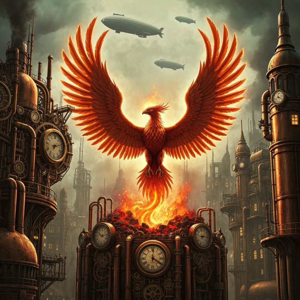 Phoenix Rising in Steampunk City, Dieselpunk Illustration