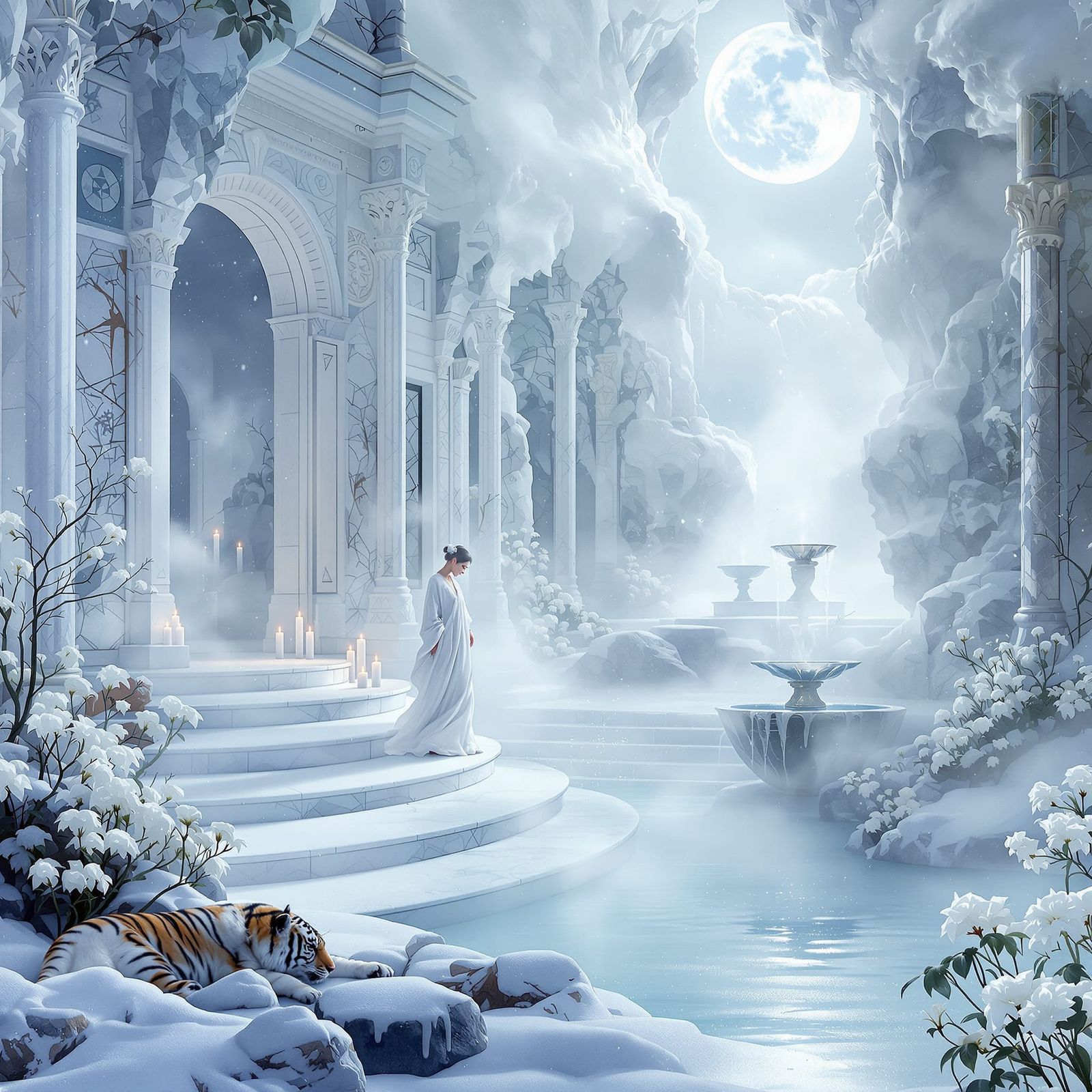 Mysterious White Lunar Temple Scene with Goddess and Tiger