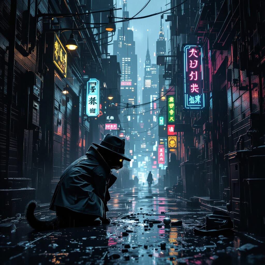Black Cat Detective in Cyberpunk Noir Scene