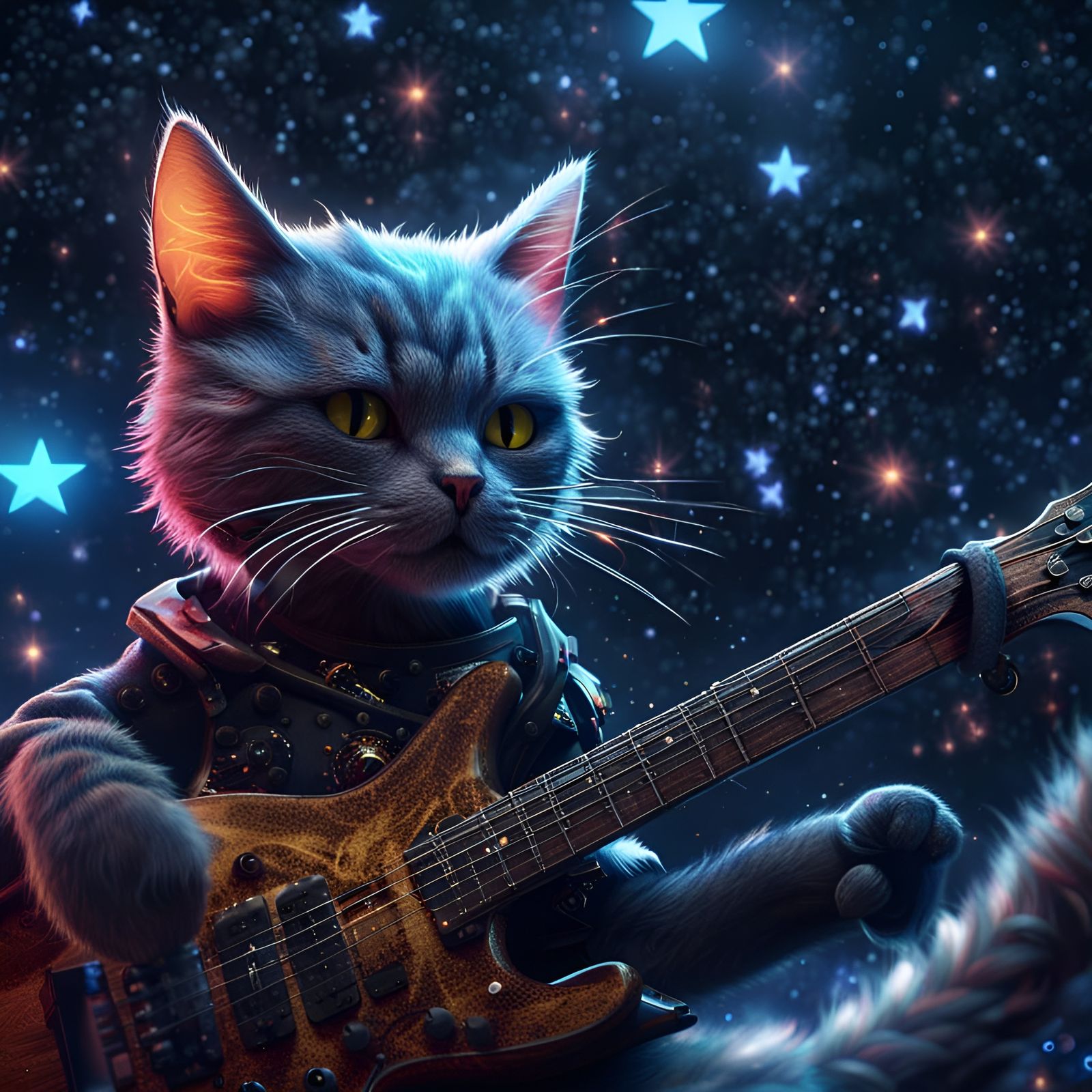 Punk Cat Guitarist in Starry Concept Art