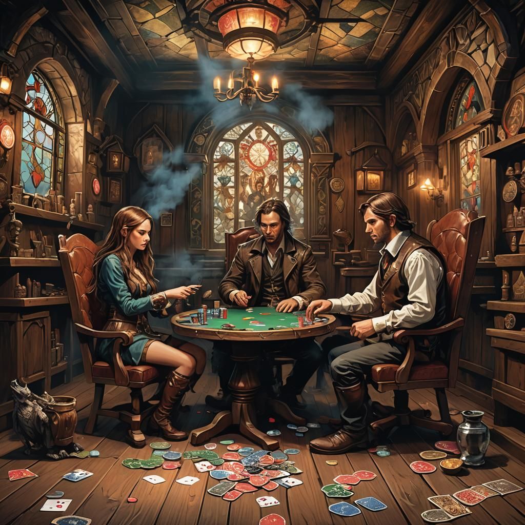 Mystical Poker Showdown in Ancient Tavern