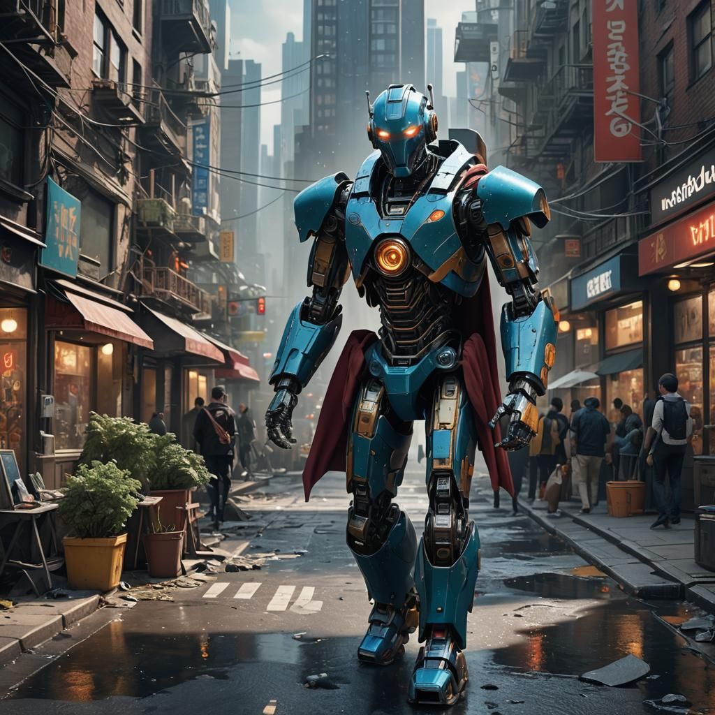 Robot Cape Walker in Crowded Cityscape