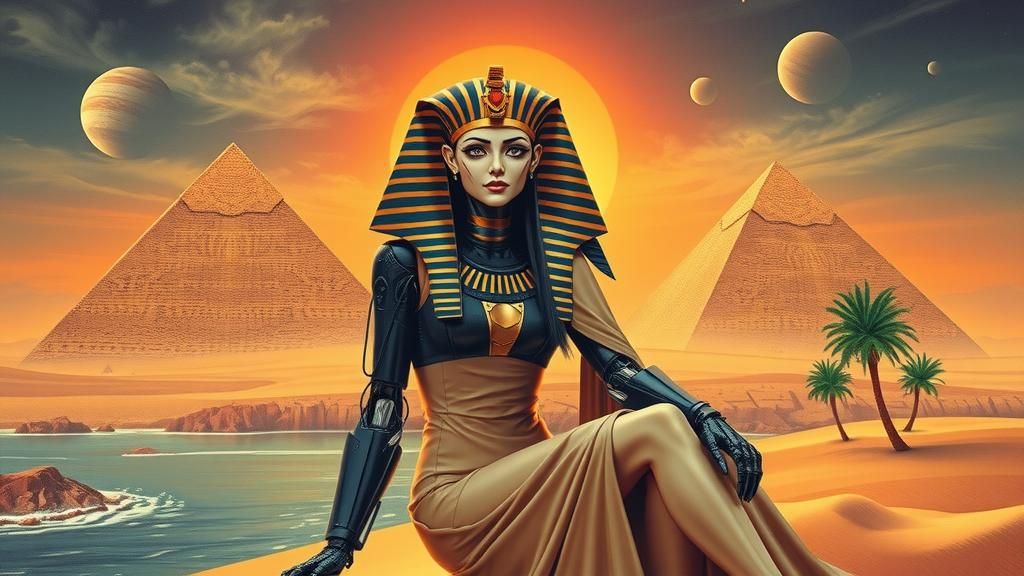 Cyberpunk Egyptian Sphinx Woman in Retro Sci-Fi Style