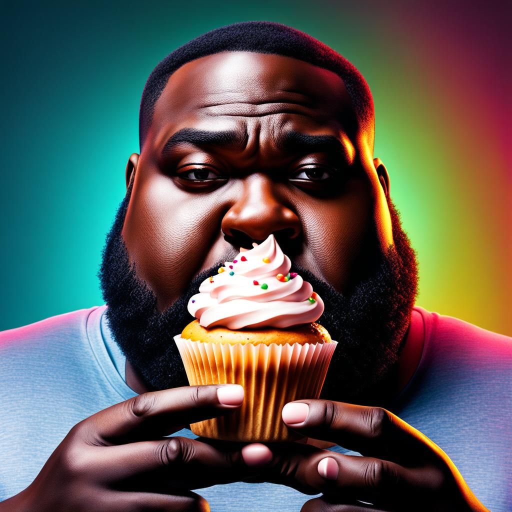 Hyperrealistic Man Enjoys Cupcake with Colorful Background