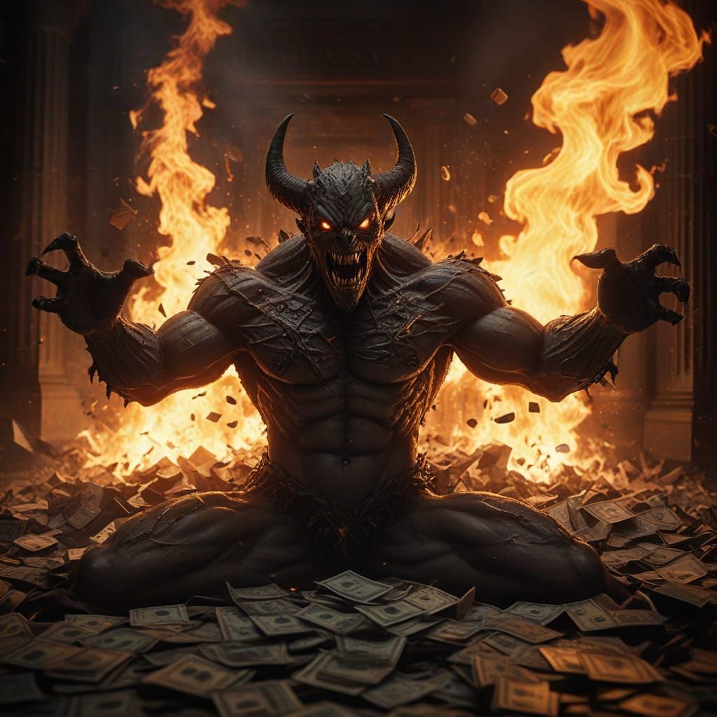 Demon of Greed on Devastated NYSE Floor