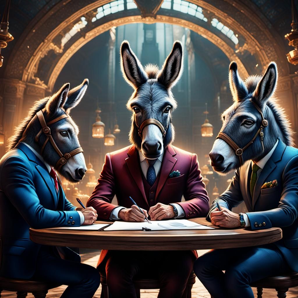 Men with Donkeys head sitting in round table signing papers ,wearing full different suits