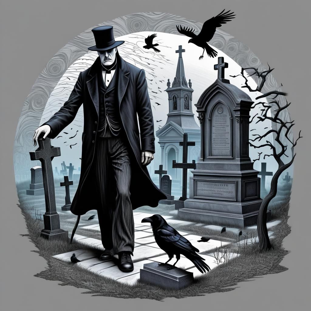 Undertaker and Crow in Cemetery: Edward Gorey Style
