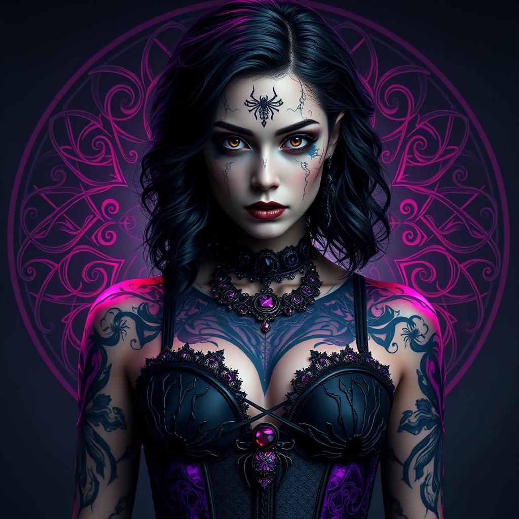 Gothic Woman with Spider Web Corset and Rune Tattoos