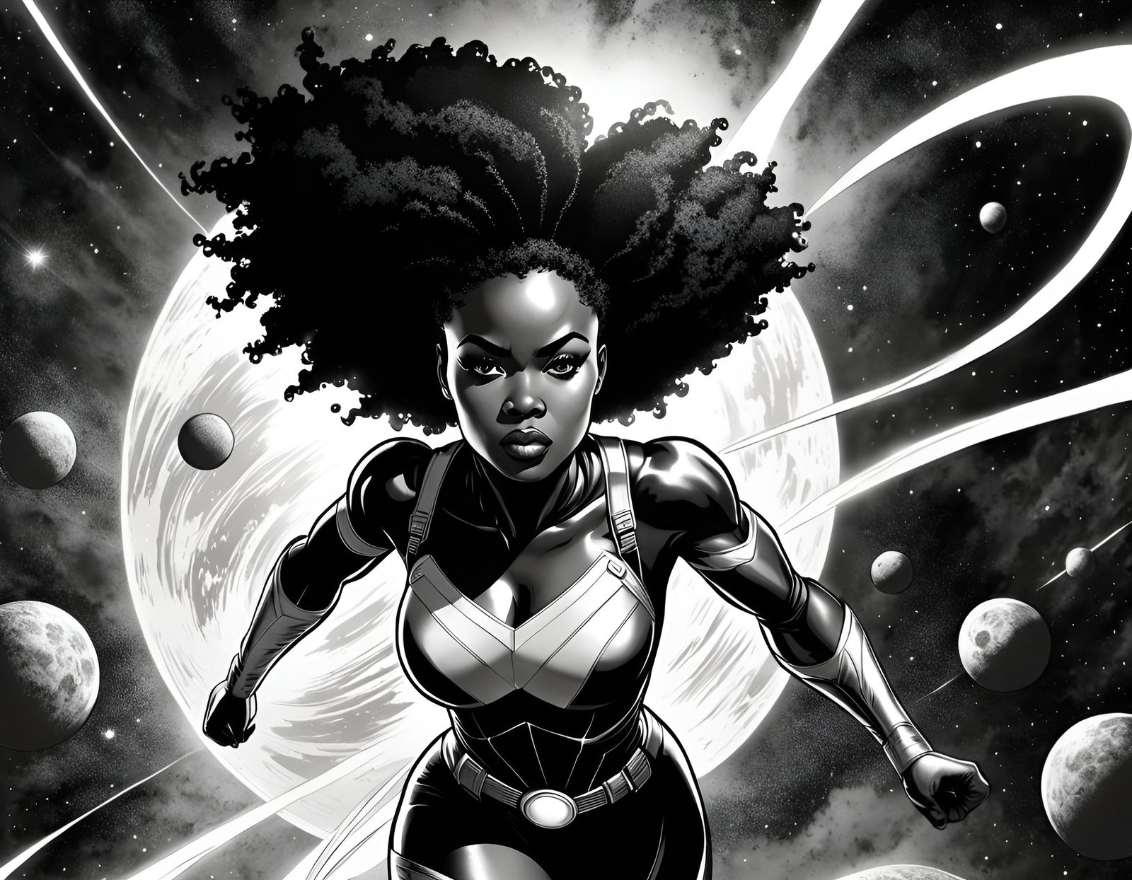 African Superheroine Flies Through Space in Ink Drawing