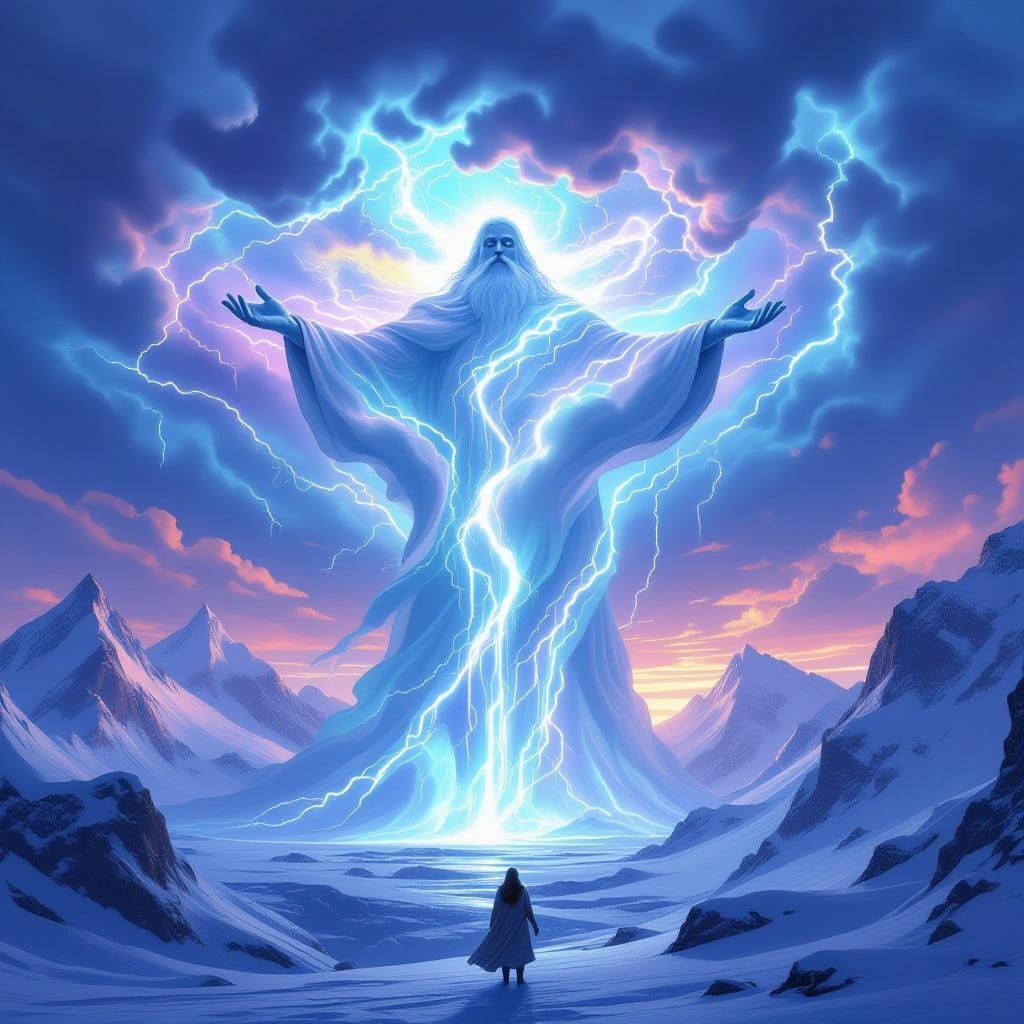 Divine Storm Cloud Deity Over Snowy Mountains