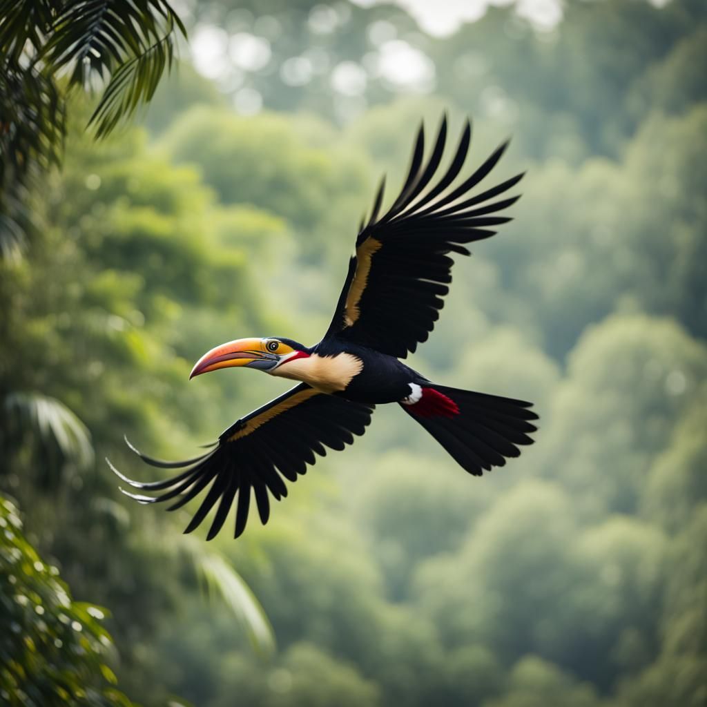 A beautiful hornbill flying through wonderful natural jungle