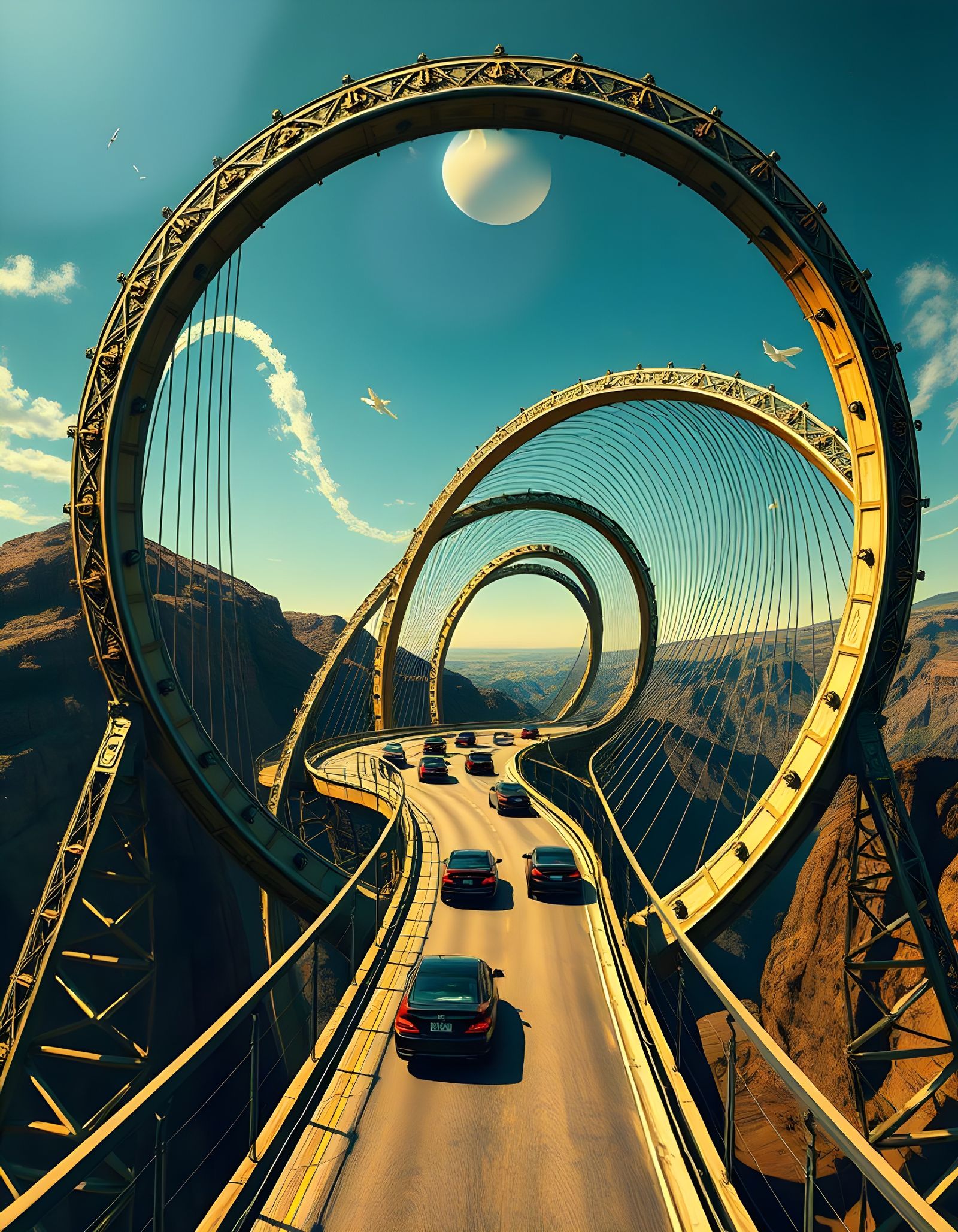 Surreal Helixoidal Bridge with Flying Cars